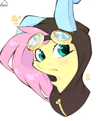 Size: 800x1000 | Tagged: safe, artist:glazirka, derpibooru import, fluttershy, pony, g4, bunny ears, clothes, costume, dangerous mission outfit, goggles, hoodie, image, png, simple background, solo, white background, zipper