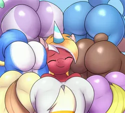 Size: 4000x3632 | Tagged: suggestive, artist:an-tonio, derpibooru import, oc, oc:cream heart, oc:flourish glade, oc:gray sketch, oc:rita cloudy, unofficial characters only, anthro, earth pony, fox, goodra, lopunny, rabbit, animal, ass, blushing, butt, butts everywhere, creambutt, dock, earth pony oc, eyes closed, female, hat, image, jpeg, krystal, lucky bastard, milf, party hat, plot, pokémon, smiling, star fox, tail