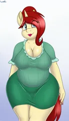 Size: 1179x2050 | Tagged: suggestive, artist:an-tonio, artist:pananovich, derpibooru import, edit, oc, oc:golden brooch, unofficial characters only, anthro, unicorn, busty golden brooch, chubby, clothes, cropped, female, image, jpeg, lineart, lipstick, milf, nail polish, plump, red lipstick, shirt, skirt