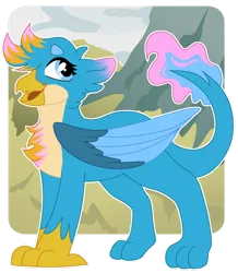 Size: 1280x1469 | Tagged: safe, artist:dilfistic, derpibooru import, gallus, oc, unofficial characters only, gryphon, g4, alternate design, chest fluff, colored wings, female, griffon oc, image, not gallus, open mouth, open smile, outline, png, smiling, solo, two toned wings, white outline, wings