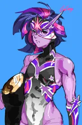 Size: 3601x5488 | Tagged: safe, artist:田园锄串子, derpibooru import, twilight sparkle, human, equestria girls, g4, clothes, high-cut clothing, image, jpeg, leotard, luchador, mask, muscles, nacho libre, short hair, solo, sports, twilight muscle, wrestler, wrestling