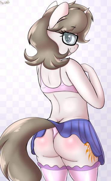 Size: 2519x4096 | Tagged: suggestive, artist:an-tonio, derpibooru import, oc, oc:solaria, unofficial characters only, anthro, unicorn, 2020, ass, bra, butt, butt blush, clothes, female, glasses, horn, image, jpeg, looking at you, looking back, looking back at you, old art, panties, skirt, smiling, socks, solo, solo female, stockings, thigh highs, thong, underwear, unicorn oc