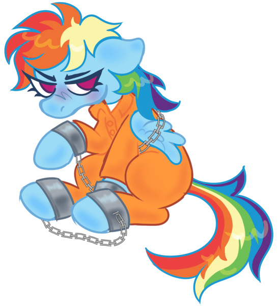 Size: 1772x1946 | Tagged: safe, artist:cherubkewpie, derpibooru import, rainbow dash, g4, bound wings, chained, clothes, cuffs, grumpy, image, png, prison outfit, prisoner rd, shackles, shirt, simple background, solo, transparent background, undershirt, wings