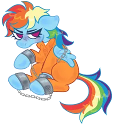 Size: 1772x1946 | Tagged: safe, artist:cherubkewpie, derpibooru import, rainbow dash, g4, bound wings, chained, clothes, cuffs, grumpy, image, png, prison outfit, prisoner rd, shackles, shirt, simple background, solo, transparent background, undershirt, wings