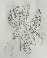 Size: 2268x2780 | Tagged: safe, artist:lunahazacookie, derpibooru import, oc, oc:nightwish, pegasus, pony, high res, hoof shoes, image, jpeg, lineart, male, pegasus oc, sketch, solo, stallion, traditional art, weapon, wings