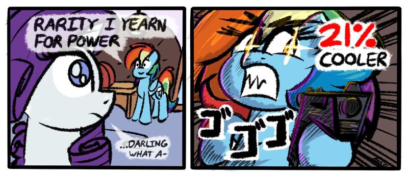 Size: 1677x729 | Tagged: safe, artist:ashtoneer, derpibooru import, rainbow dash, rarity, pegasus, pony, unicorn, g4, 2 panel comic, 20% cooler, angry, comic, dexterous hooves, dialogue, duo, female, frown, gritted teeth, gun, handgun, hoof hold, image, jojo's bizarre adventure, jpeg, mare, menacing, pistol, sharp teeth, speech bubble, teeth, weapon, ゴ ゴ ゴ