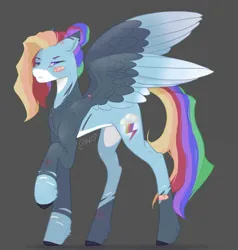 Size: 1752x1843 | Tagged: safe, artist:thelazyponyy, derpibooru import, rainbow dash, pegasus, pony, g4, dark background, female, image, jpeg, mare, raised hoof, redesign, scar, solo