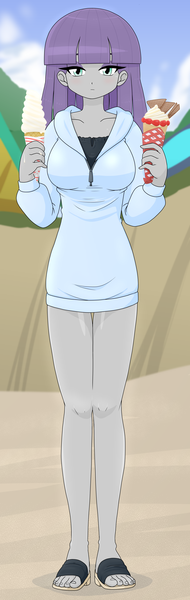 Size: 1523x4800 | Tagged: safe, alternate version, artist:batipin, derpibooru import, maud pie, human, equestria girls, g4, beach, blushing, breasts, busty maud pie, clothes, eyeshadow, feet, female, food, hoodie, ice cream, ice cream cone, image, looking at you, makeup, png, sandals, solo, toes