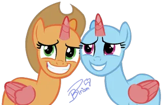 Size: 944x612 | Tagged: safe, artist:brushprism, derpibooru import, oc, unofficial characters only, alicorn, pony, alicorn oc, bald, base, duo, female, grin, hat, horn, image, mare, png, signature, simple background, smiling, transparent background, wings