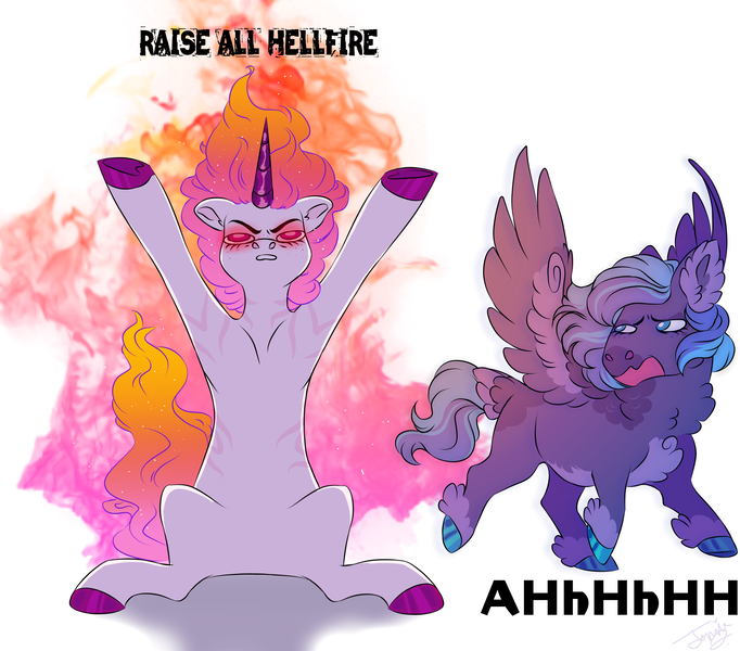 Size: 2500x2200 | Tagged: safe, artist:theartfox2468, derpibooru import, princess celestia, princess luna, pegasus, pony, unicorn, g4, crystal horn, dialogue, duo, ethereal mane, female, fire, glow, glowing eyes, high res, hooves in air, horn, image, looking up, mare, pegasus luna, png, race swap, simple background, unicorn celestia, unshorn fetlocks, white background, younger