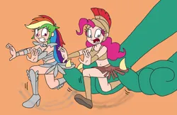 Size: 2845x1844 | Tagged: safe, artist:bugssonicx, derpibooru import, pinkie pie, rainbow dash, dragon, human, equestria girls, g4, armor, armor skirt, boots, bronze, caught, clothes, fleeing, gladiator, helmet, high heel boots, human coloration, image, miniskirt, png, roman, running, running in place, scared, shoes, skirt, skirt pull, valkyrie