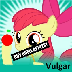 Size: 1024x1024 | Tagged: safe, derpibooru import, apple bloom, earth pony, pony, derpibooru, g4, apple, apple bloom's bow, bow, buy some apples, food, hair bow, hooves, image, leaf, meta, meta:vulgar, open mouth, png, sign, spoilered image joke