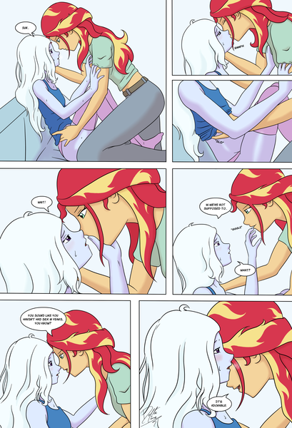 Size: 1920x2816 | Tagged: suggestive, artist:deltalima, derpibooru import, sunset shimmer, trixie, human, comic:dickhead shimmer 2, equestria girls, g4, blushing, clothes, comic, dialogue, female, image, kiss on the lips, kissing, lesbian, looking at each other, looking at someone, panties, png, shipping, socks, stocking feet, stockings, suntrix, thigh highs, underwear