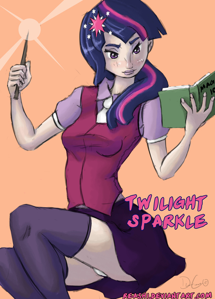 Size: 8377x11639 | Tagged: safe, artist:reashi, derpibooru import, twilight sparkle, human, g4, book, clothes, female, humanized, image, jpeg, panties, simple background, skirt, socks, solo, stockings, thigh highs, underwear, upskirt, wand