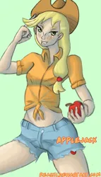 Size: 5749x10077 | Tagged: safe, artist:reashi, derpibooru import, applejack, human, g4, apple, clothes, female, food, humanized, image, jpeg, midriff, simple background, solo