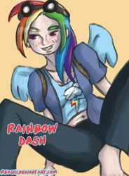 Size: 1000x1361 | Tagged: safe, artist:reashi, derpibooru import, rainbow dash, human, g4, barefoot, clothes, feet, female, goggles, humanized, image, jpeg, midriff, missing shoes, simple background, solo, winged humanization, wings