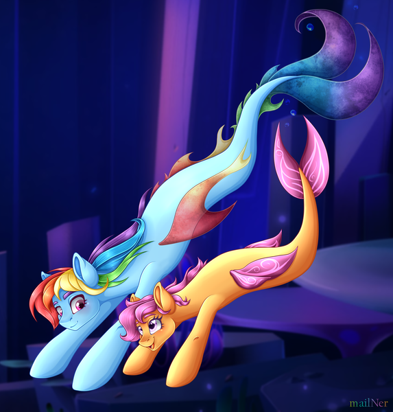 Size: 4340x4542 | Tagged: safe, artist:mailner, derpibooru import, rainbow dash, scootaloo, merpony, pegasus, pony, seapony (g4), g4, absurd resolution, blushing, bubble, cute, dorsal fin, duo, duo female, eyebrows, eyelashes, female, fin wings, fins, fish tail, flowing mane, flowing tail, image, looking at each other, looking at someone, mare, ocean, open mouth, open smile, pink eyes, png, purple eyes, purple mane, redesign, scales, seaponified, seapony rainbow dash, seapony scootaloo, seaquestria, seaweed, signature, smiling, species swap, swimming, tail, underwater, water, wings