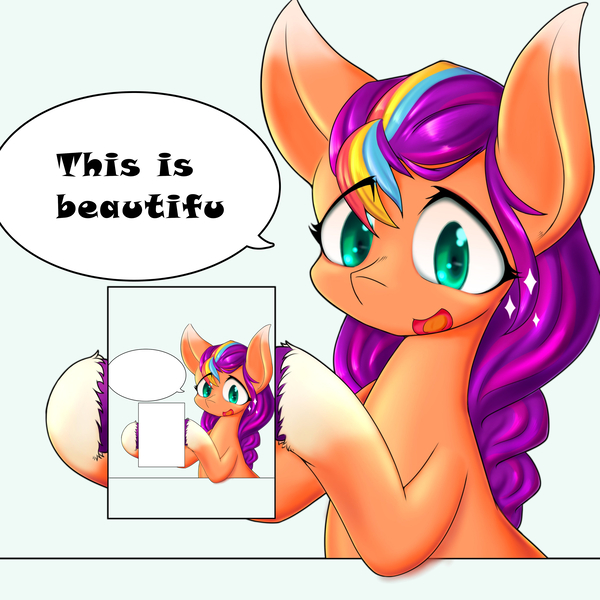 Size: 4096x4096 | Tagged: safe, artist:zemlya, derpibooru import, sunny starscout, earth pony, pony, g5, coat markings, droste effect, eye clipping through hair, female, hoof hold, image, jpeg, looking at something, mare, meme template, misspelling, open mouth, open smile, recursion, simple background, smiling, socks (coat marking), sparkles, speech bubble, subtitles, template, text, white background