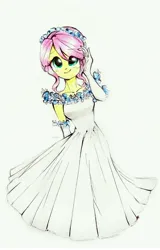 Size: 4361x6821 | Tagged: safe, artist:liaaqila, derpibooru import, fluttershy, human, equestria girls, g4, clothes, commission, dress, female, image, jpeg, solo, traditional art, wedding dress