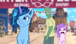 Size: 2048x1198 | Tagged: safe, artist:andley, derpibooru import, pipp petals, oc, oc:anon, human, pegasus, pony, unicorn, g5, my little pony: make your mark, blurry background, crying, curly hair, distracted, distracted boyfriend meme, female, funny, funny as hell, image, jealous, male, mare, maretime bay, meme, misty brightdawn, png