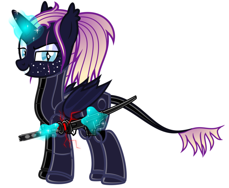 Size: 8260x6763 | Tagged: safe, artist:severity-gray, derpibooru import, oc, oc:night shade, alicorn, bat pony, bat pony alicorn, pony, armor, bat wings, eyeshadow, freckles, horn, image, jetstream sam, katana, leonine tail, looking at you, magic, makeup, metal gear, metal gear rising, nudity, png, ponytail, power armor, powered exoskeleton, sheath, simple background, smiling, smiling at you, solo, sword, tail, telekinesis, transparent background, weapon, wings