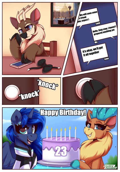 Size: 2100x3000 | Tagged: safe, artist:shadowreindeer, derpibooru import, princess luna, velvet reindeer, oc, oc:kevin reindeer, alicorn, android, deer, pony, reindeer, robot, them's fightin' herds, g4, birthday, bow, cake, candle, cloven hooves, community related, connor luna, deer oc, detroit: become human, dialogue, food, high res, image, jpeg, mobile phone, non-pony oc, painting, phone, phone screen, reindeer oc, rk900, smartphone