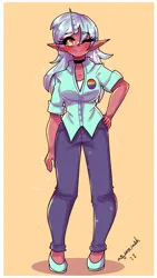 Size: 1329x2360 | Tagged: safe, artist:mylittleyuri, derpibooru import, lyra heartstrings, human, g4, badge, blushing, choker, clothes, dark skin, denim, elf ears, female, flats, gay pride flag, horn, horned humanization, humanized, image, jeans, jpeg, one eye closed, pants, pride, pride flag, shirt, shoes, simple background, solo, wink, yellow background