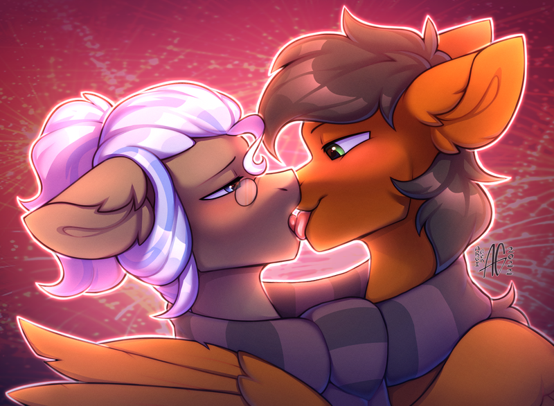 Size: 2913x2135 | Tagged: suggestive, artist:argigen, derpibooru import, oc, oc:collider flarespark, oc:scrawl trance, unofficial characters only, earth pony, pegasus, pony, bedroom eyes, clothes, duo, duo male, gay, glasses, green eyes, high res, image, kissing, male, oc x oc, png, scarf, shared clothing, shared scarf, shipping, simple background, smiling, striped scarf