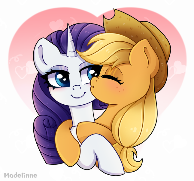 Size: 2544x2364 | Tagged: safe, artist:madelinne, derpibooru import, applejack, rarity, earth pony, pony, unicorn, g4, cute, duo, female, high res, hug, image, jackabetes, kiss on the cheek, kissing, lesbian, mare, png, raribetes, rarijack, shipping, simple background, white background