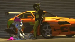 Size: 1920x1080 | Tagged: safe, artist:dub_cotton, derpibooru import, oc, oc:lance, oc:zedwin, unofficial characters only, anthro, bat pony, pony, 3d, anthro with ponies, car, duo, fast and furious, image, png, toyota, toyota supra