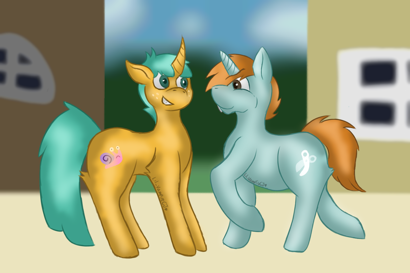 Size: 1505x1000 | Tagged: safe, artist:lil_vampirecj, derpibooru import, snails, snips, pony, unicorn, g4, adult, best friends, image, looking at each other, looking at someone, meeting, pair, png, scene, smiling, smiling at each other