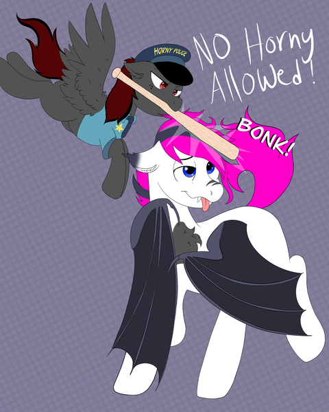 Size: 4000x5000 | Tagged: safe, artist:dicemarensfw, derpibooru import, oc, oc:dicemare, oc:lance, unofficial characters only, bat pony, pegasus, pony, baseball bat, bat on bat violence, bonk, duo, horny jail, image, mouth hold, png, police, tongue out