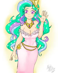 Size: 640x800 | Tagged: safe, artist:a.s.e, derpibooru import, princess celestia, human, g4, bare shoulders, breasts, busty princess celestia, cleavage, clothes, ethereal mane, eye clipping through hair, female, humanized, image, jewelry, jpeg, looking at you, regalia, simple background, solo, white background