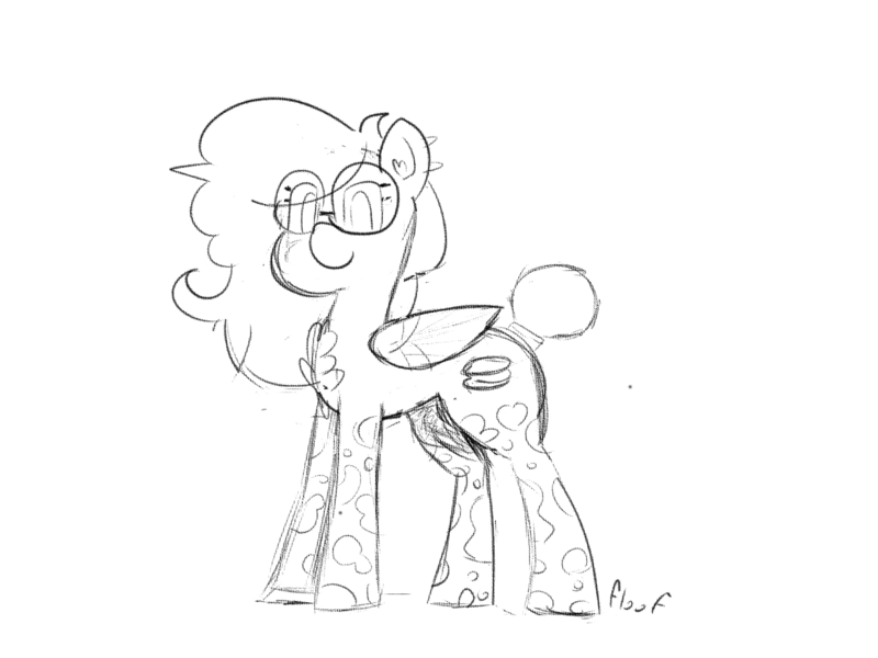 Size: 1600x1200 | Tagged: safe, artist:floof hoof, derpibooru import, oc, oc:double stuff, unofficial characters only, pegasus, pony, ear piercing, female, glasses, image, looking at you, mare, monochrome, mottled coat, piercing, png, simple background, sketch, solo, spots, white background