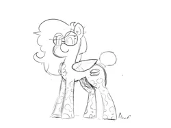 Size: 1600x1200 | Tagged: safe, artist:floof hoof, derpibooru import, oc, oc:double stuff, unofficial characters only, pegasus, pony, ear piercing, female, glasses, image, looking at you, mare, monochrome, mottled coat, piercing, png, simple background, sketch, solo, spots, white background