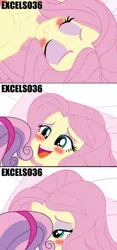 Size: 975x2076 | Tagged: suggestive, artist:excelso36, derpibooru import, fluttershy, sweetie belle, human, equestria girls, g4, bed, bedroom eyes, blushing, breasts, cropped, cropped porn, female, flutterbelle, humanized, image, jpeg, lesbian, lidded eyes, lip bite, shipping