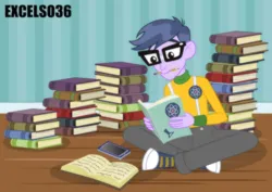 Size: 935x661 | Tagged: safe, artist:excelso36, derpibooru import, part of a set, microchips, human, equestria girls, g4, book, clothes, converse, glasses, homework, image, jpeg, male, mobile phone, pencil, phone, shoes, solo, studying