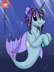 Size: 1536x2048 | Tagged: safe, artist:kathalia, derpibooru import, oc, unofficial characters only, alicorn, merpony, pony, seapony (g4), bubble, commission, crepuscular rays, digital art, dorsal fin, female, fin, fin wings, fins, fish tail, flowing tail, horn, image, looking at you, mare, ocean, patreon, patreon logo, png, purple eyes, purple mane, seaponified, sketch, smiling, smiling at you, solo, species swap, sunlight, swimming, tail, teeth, underwater, water, wings