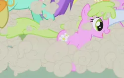 Size: 614x388 | Tagged: safe, derpibooru import, screencap, amethyst star, carrot top, daisy, flower wishes, golden harvest, linky, lyra heartstrings, shoeshine, earth pony, pony, g4, alternate hairstyle, alternate tailstyle, cloud, dust cloud, female, flower, image, mare, offscreen character, png, running, tail