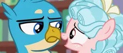 Size: 1219x533 | Tagged: safe, derpibooru import, screencap, cozy glow, gallus, gryphon, pegasus, pony, g4, what lies beneath, cropped, duo, female, filly, foal, gallus is not amused, image, male, png, unamused