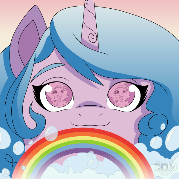 Size: 2000x2000 | Tagged: safe, artist:digitaldrawingmachine, derpibooru import, izzy moonbow, pipp petals, pony, unicorn, g5, bubble, close-up, comic, eye reflection, high res, image, png, rainbow, redraw, reflection, shipping fuel, solo