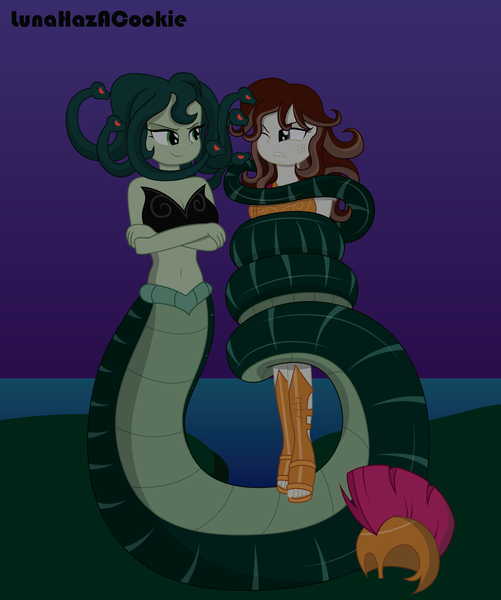 Size: 3000x3592 | Tagged: safe, artist:lunahazacookie, derpibooru import, oc, oc:athena, oc:medusa, unofficial characters only, human, lamia, medusa, original species, equestria girls, g4, athena, coils, crossed arms, female, greek mythology, helmet, high res, image, lamia domination, one eye closed, png, smiling, smirk, tail, tail wrap, wrapped up