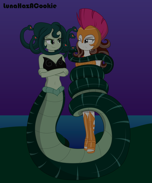 Size: 3000x3592 | Tagged: safe, alternate version, artist:lunahazacookie, derpibooru import, oc, oc:athena, oc:medusa, unofficial characters only, human, lamia, medusa, original species, equestria girls, g4, athena, coils, crossed arms, female, greek mythology, helmet, high res, image, lamia domination, one eye closed, png, smiling, smirk, tail, tail wrap, wrapped up