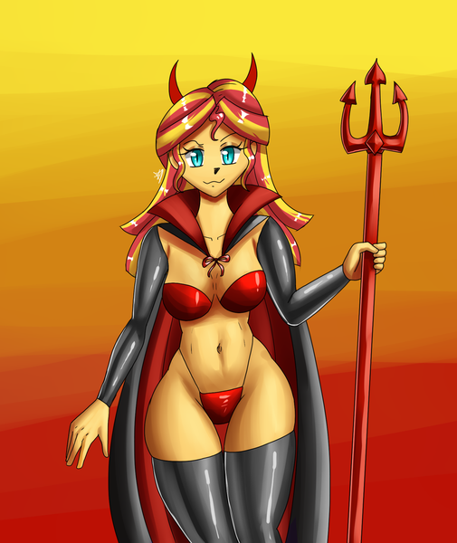 Size: 1600x1900 | Tagged: suggestive, artist:zachc, derpibooru import, sunset shimmer, human, equestria girls, g4, belly button, bikini, breasts, busty sunset shimmer, clothes, devil costume, female, gloves, halloween, holiday, image, latex, latex socks, looking at you, panties, png, socks, solo, stockings, swimsuit, thigh highs, underwear