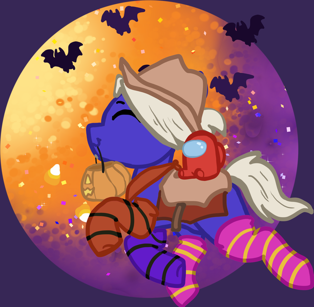 Size: 2103x2059 | Tagged: safe, artist:nootaz, derpibooru import, oc, oc:mallow malt, unofficial characters only, bat, bat pony, among us, bandana, bat pony oc, bat wings, clothes, commission, costume, cowboy hat, halloween, halloween costume, hat, high res, holiday, image, moon, png, saddle, socks, solo, striped socks, tack, wings, ych result