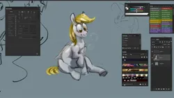 Size: 1874x1054 | Tagged: safe, artist:alumx, derpibooru import, derpy hooves, pegasus, pony, g4, blushing, bubble, cute, derpabetes, female, gray background, image, jpeg, mare, simple background, sitting, smiling, solo, wip