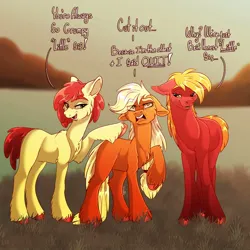 Size: 1080x1080 | Tagged: safe, artist:unfinishedheckery, derpibooru import, apple bloom, applejack, big macintosh, earth pony, pony, g4, apple siblings, apple sisters, applejack is not amused, bedroom eyes, brother and sister, cheek fluff, chest fluff, dialogue, digital art, eye clipping through hair, female, floppy ears, height difference, height envy, image, jealous, jpeg, male, mare, missing cutie mark, older, older apple bloom, open mouth, siblings, sisters, stallion, tail, talking, text, trio, unamused, unshorn fetlocks