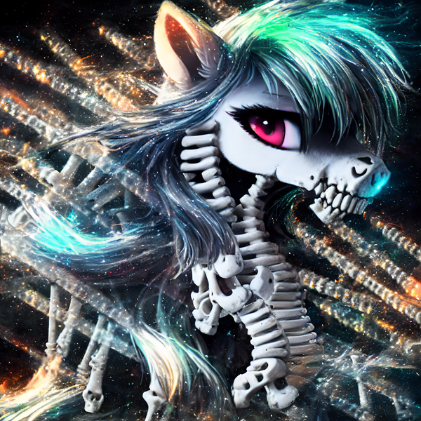 Size: 3072x3072 | Tagged: semi-grimdark, ai content, artist:wheredamaresat, derpibooru import, machine learning generated, stable diffusion, pony, skeleton pony, abstract, bone, detailed background, female, high res, image, mare, png, skeleton, solo, spooky