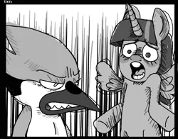 Size: 941x738 | Tagged: safe, artist:elairu, derpibooru import, twilight sparkle, twilight sparkle (alicorn), alicorn, bird, blue jay, pony, g4, angry, comic, crossover, crossover shipping, female, image, jpeg, male, monochrome, mordecai, mordetwi, reference, regular show, shipping, shocked, simple background, straight, white background, zootopia, zootopia abortion comic