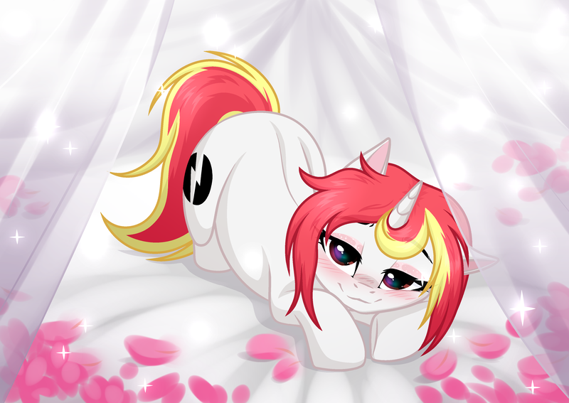 Size: 3465x2454 | Tagged: artist needed, source needed, safe, derpibooru import, oc, oc:lazy sunday, pony, unicorn, blushing, commission, curtains, cute, female, high res, image, petals, png, solo, ych result